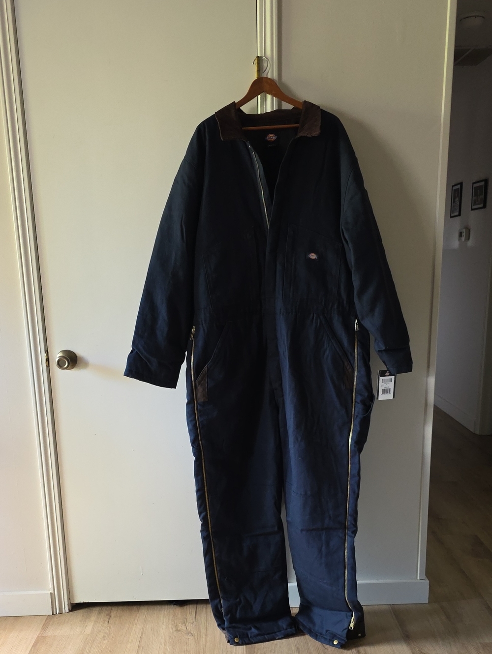 Dickies Navy Insulated Work Coverall Jacket with Brown Cord Collar